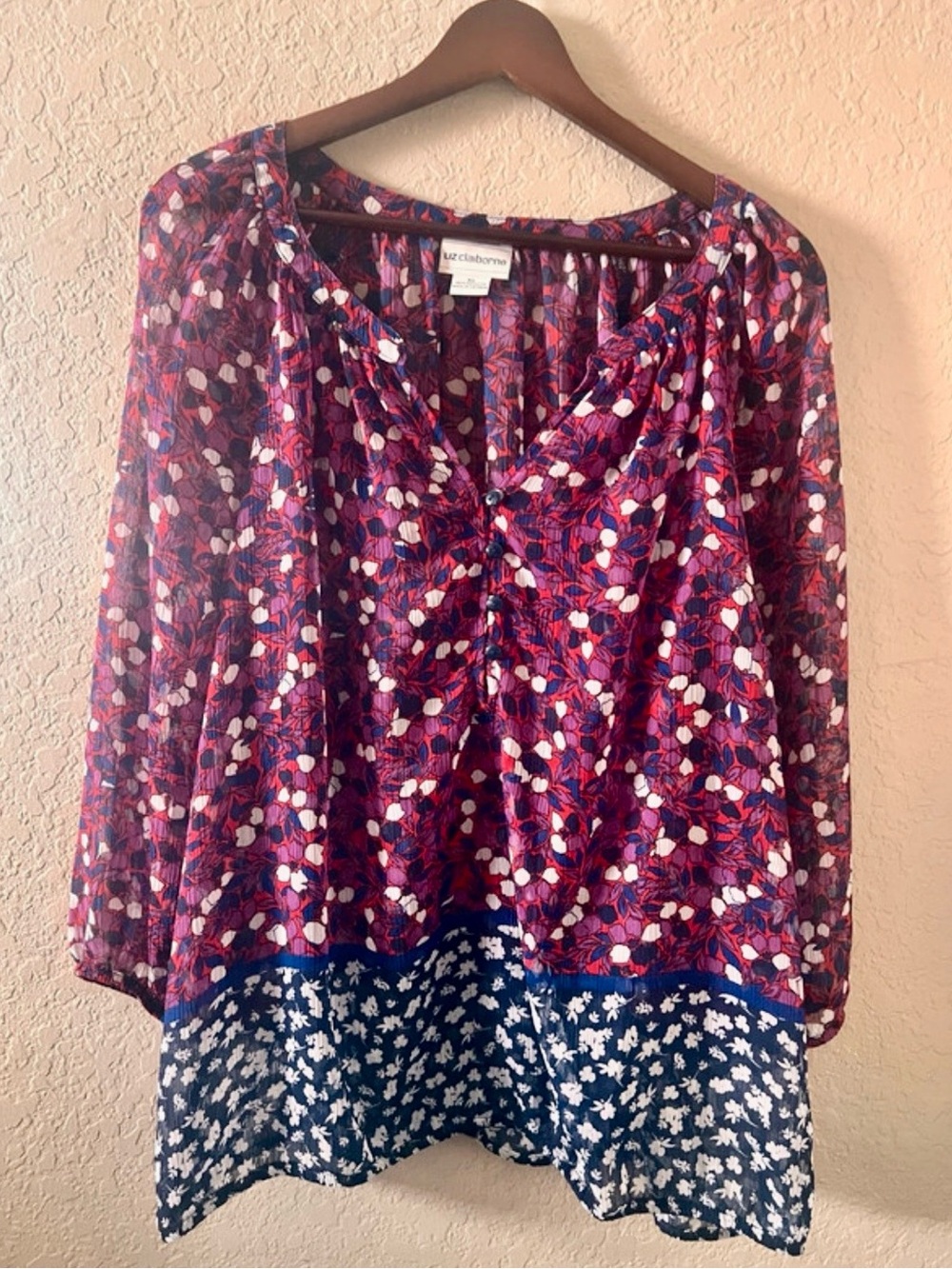 Liz Claiborne Purple Floral Mixed-Print Peasant Top